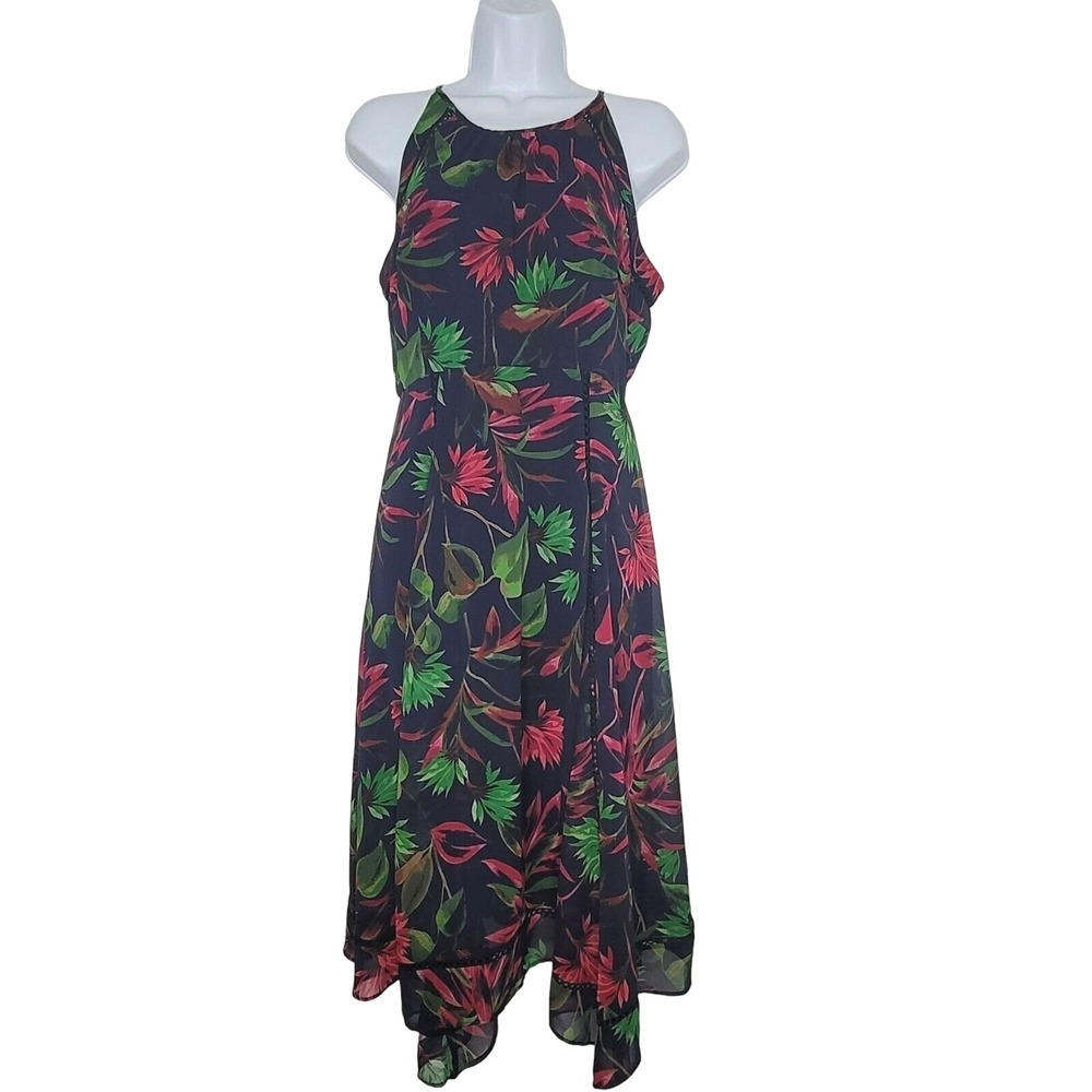 Just Taylor Blue Floral‎ Dress Sleeveless Tropical Asymmetric Hanky Hem 2